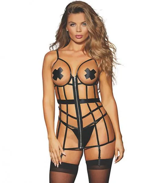 Large - Caged Garter Slip - Black