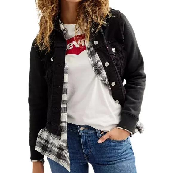Levi's Black Hybrid Denim Hoodie Original Trucker Jacket Size XL