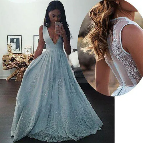 Light Blue A-line Sleeveless Deep V-neck Long Prom Dresses, Formal Dress with Lace, M290