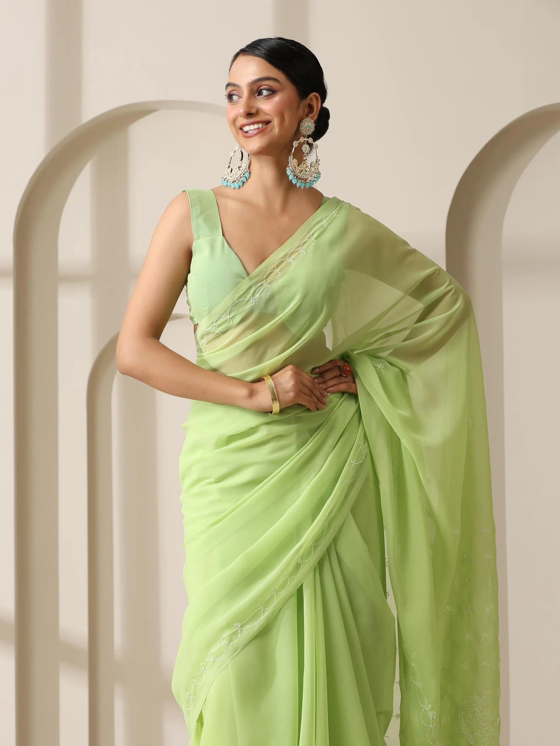 Light Green Rahet Hand Chikankari Saree with Blouse Fabric