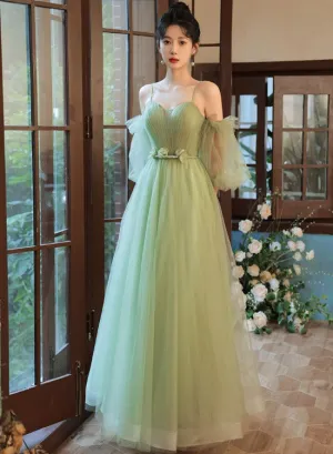 Light Green Tulle Simple Sweetheart Party Dresses, Green Long Prom Dresses