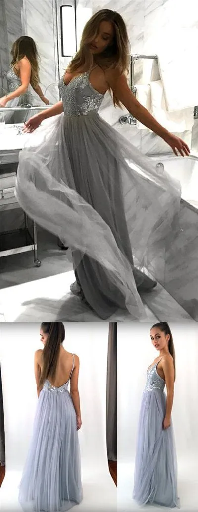Light Grey A-line Backless Spaghetti Straps Lace Tulle Long Prom Dresses, MP269