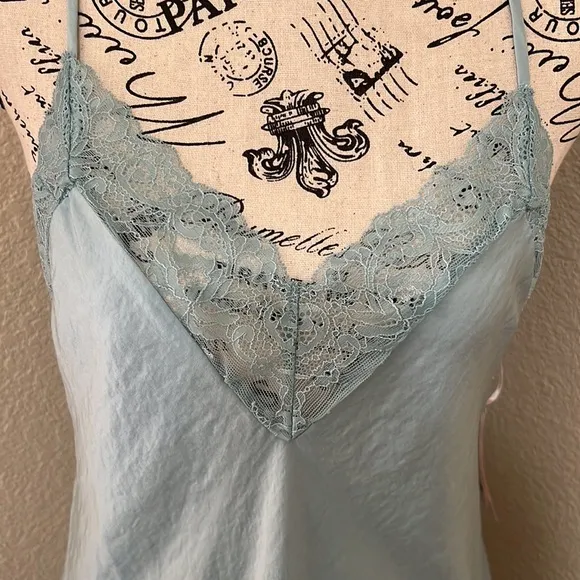 Linea Donatella Sage Satin Lace Trim Slip Chemise Nightgown / Dress