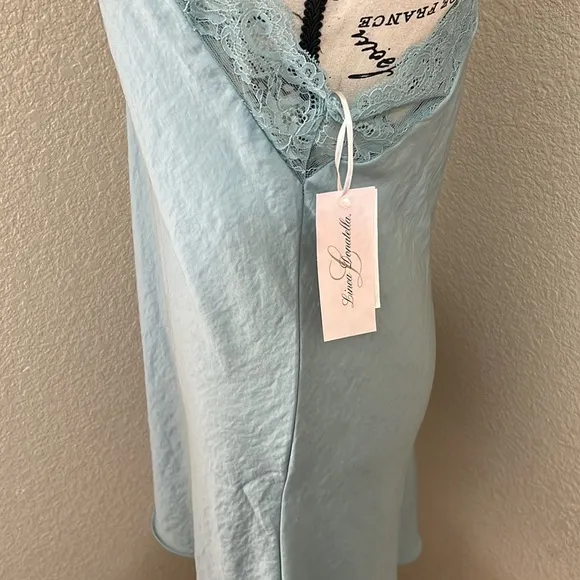 Linea Donatella Sage Satin Lace Trim Slip Chemise Nightgown / Dress