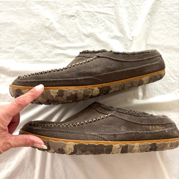 L.L. Bean Mountain Gray leather Moccasin scuff Slippers SZ 11 M   WORN 1X