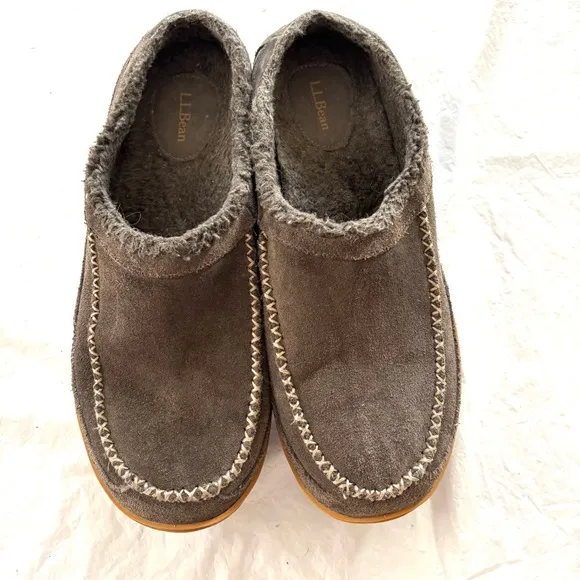 L.L. Bean Mountain Gray leather Moccasin scuff Slippers SZ 11 M   WORN 1X