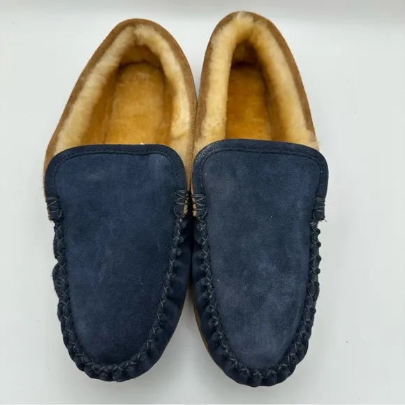 L.L. Bean Wicked Good Venetian LambFur Slippers Mens Sz 9M Blue Slip On Leather
