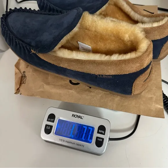 L.L. Bean Wicked Good Venetian LambFur Slippers Mens Sz 9M Blue Slip On Leather