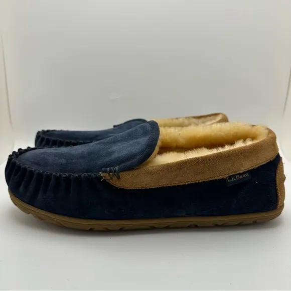 L.L. Bean Wicked Good Venetian LambFur Slippers Mens Sz 9M Blue Slip On Leather