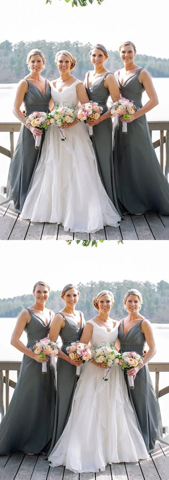 Long Grey V-neck Chiffon Wedding Party Dress, Cheap Simple Bridesmaid Dresses, BD0496