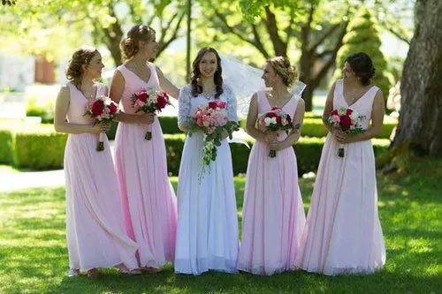 Long Pink A Line V Neck Chiffon Bridesmaid Dresses Cheap Bridesmaid Dress, BD84