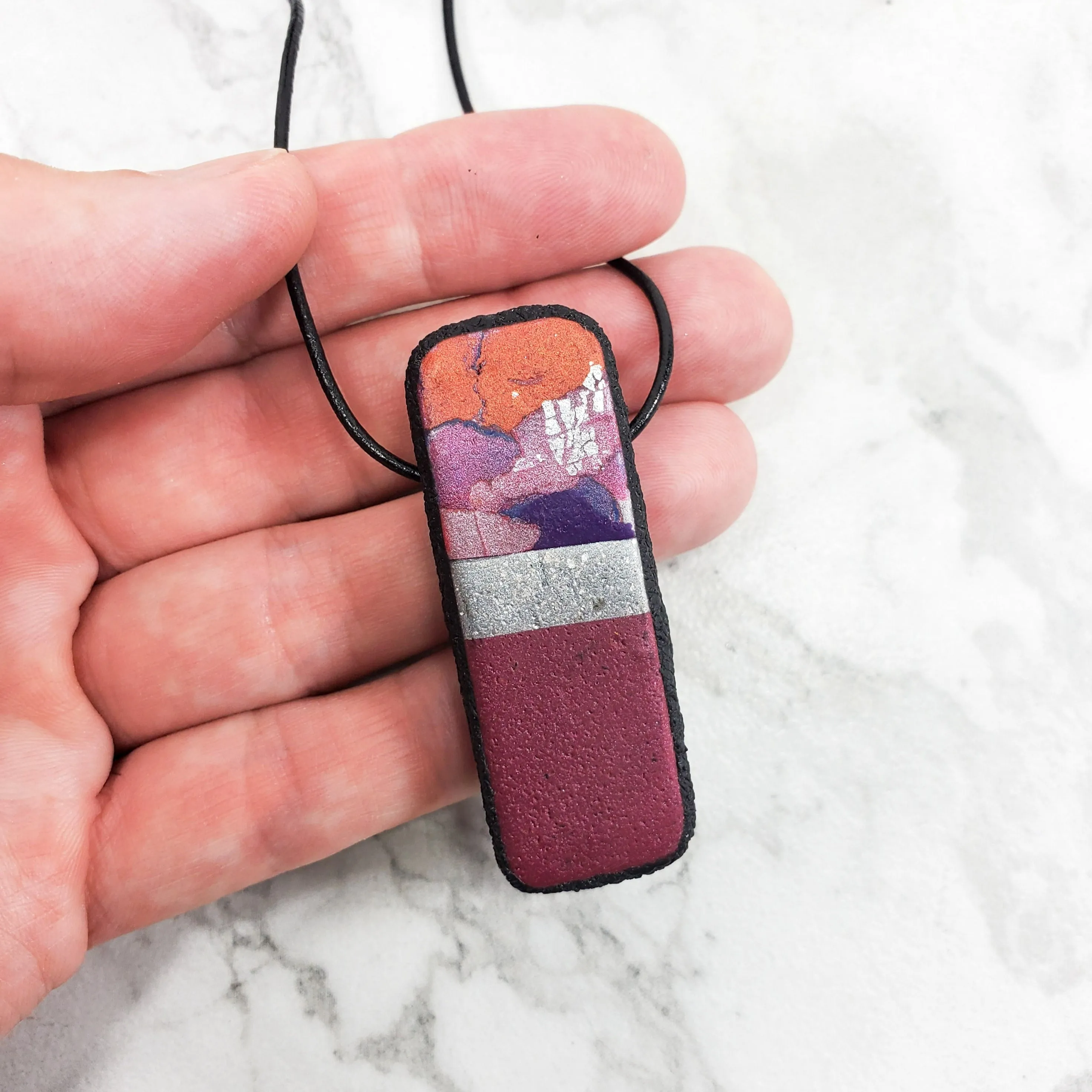 Long Rectangle Pendant - Marbled - Viva Magenta