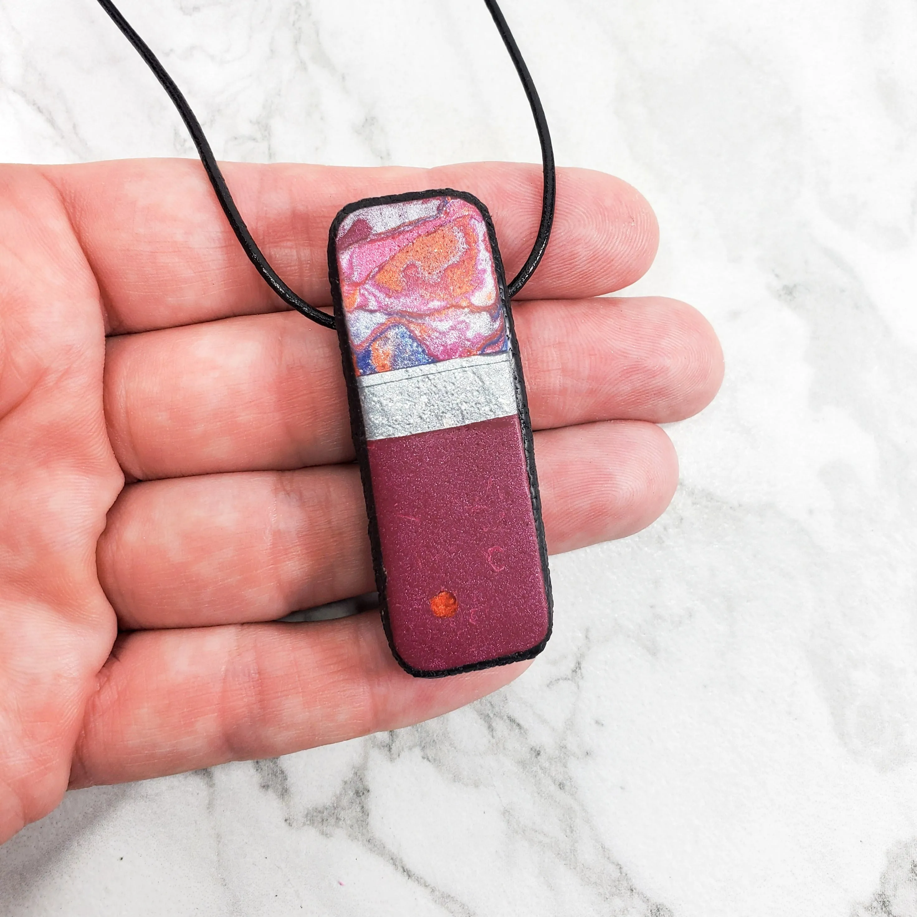 Long Rectangle Pendant - Marbled - Viva Magenta