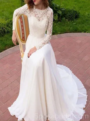 Long Sleeves Lace Simple  Elegant Classtic Romatic  Wedding Dresses,   Ball Gown, WD0357