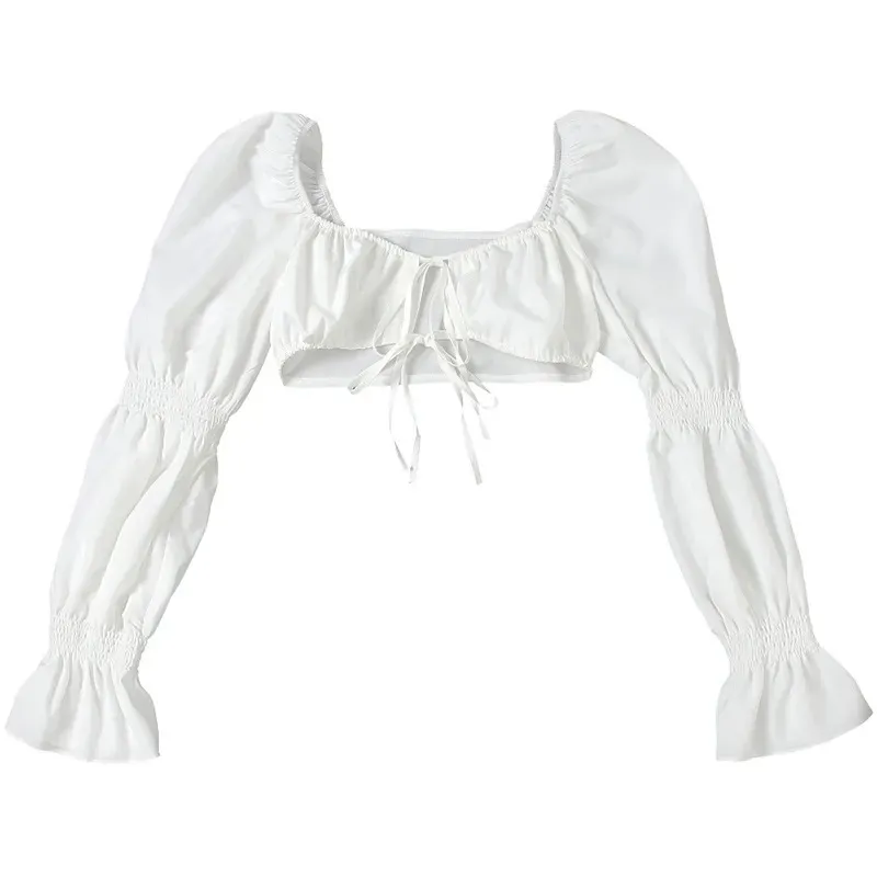 Lure Puff Sleeve Smocked Tie-Front Crop Top