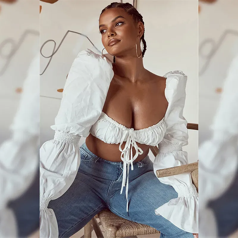 Lure Puff Sleeve Smocked Tie-Front Crop Top
