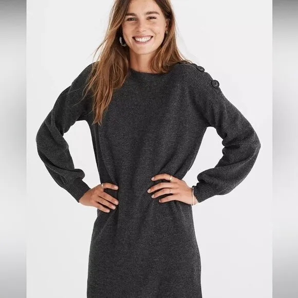 Madewell 100% Merino Wool, Charcoal Boatneck Button-Shoulder Sweater-Dress, Sz S