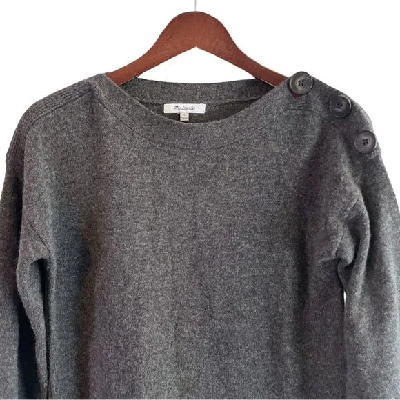 Madewell 100% Merino Wool, Charcoal Boatneck Button-Shoulder Sweater-Dress, Sz S