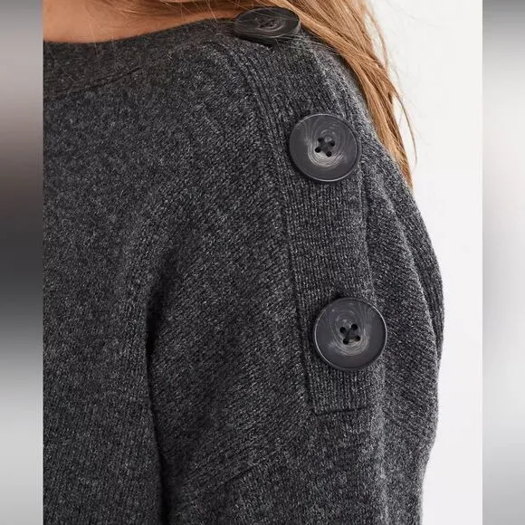 Madewell 100% Merino Wool, Charcoal Boatneck Button-Shoulder Sweater-Dress, Sz S