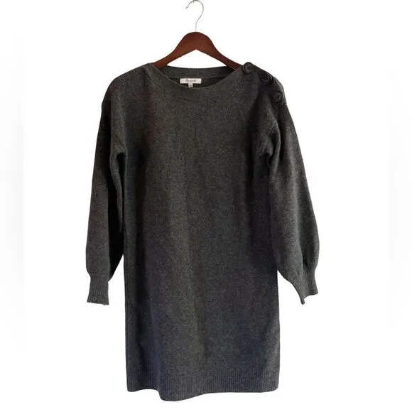 Madewell 100% Merino Wool, Charcoal Boatneck Button-Shoulder Sweater-Dress, Sz S