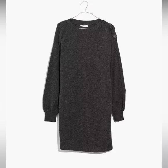 Madewell 100% Merino Wool, Charcoal Boatneck Button-Shoulder Sweater-Dress, Sz S
