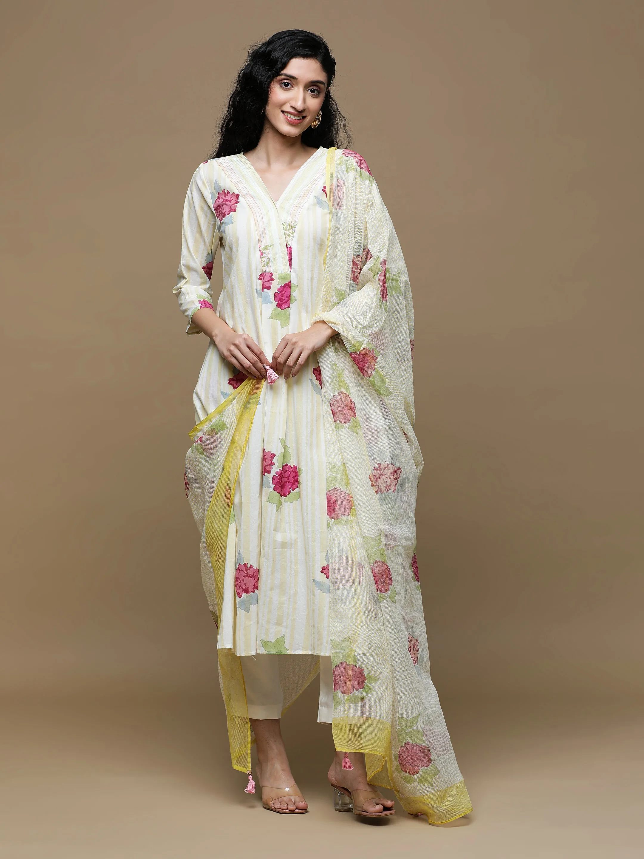 Manjari White With Beige Stripes Kurta