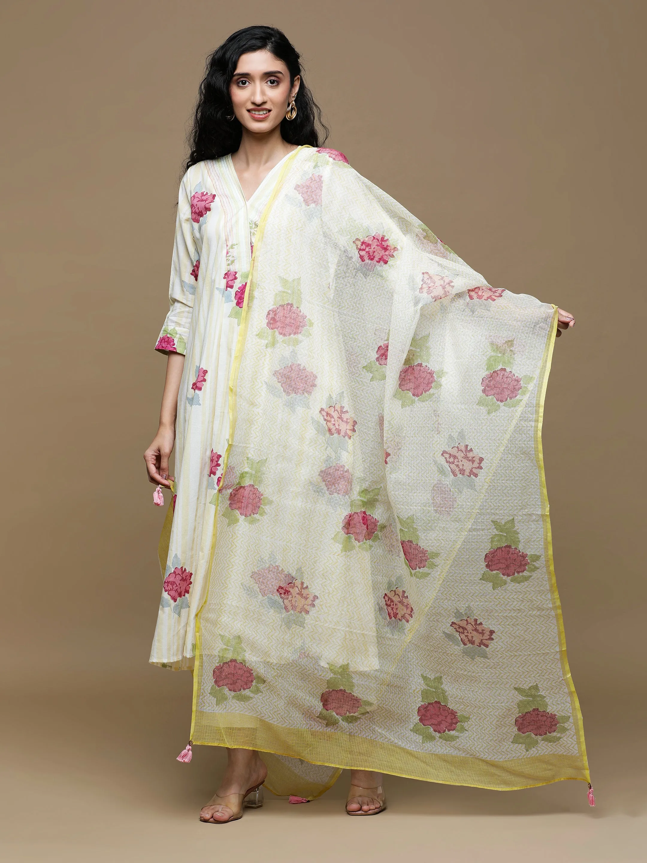 Manjari White With Beige Stripes Kurta