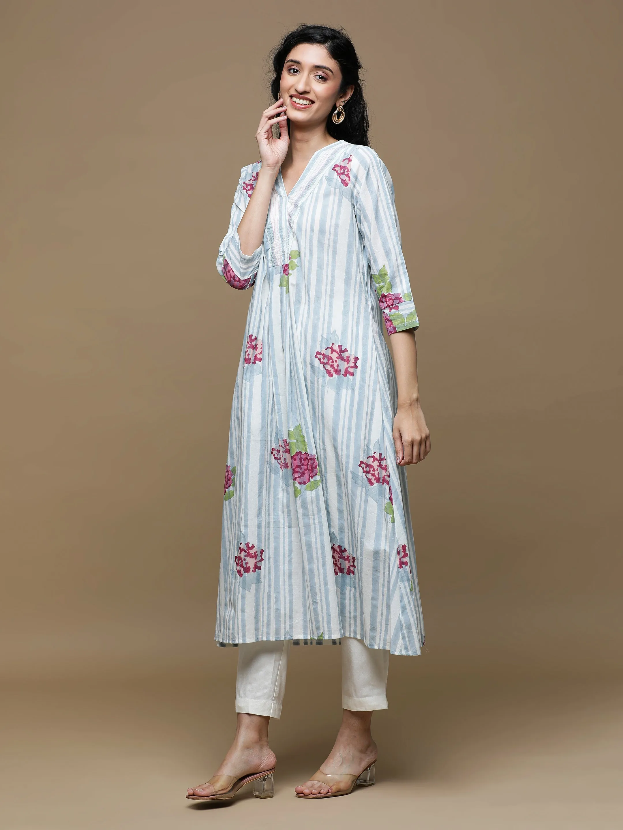 Manjari White with  Denim Blue Stripes Kurta