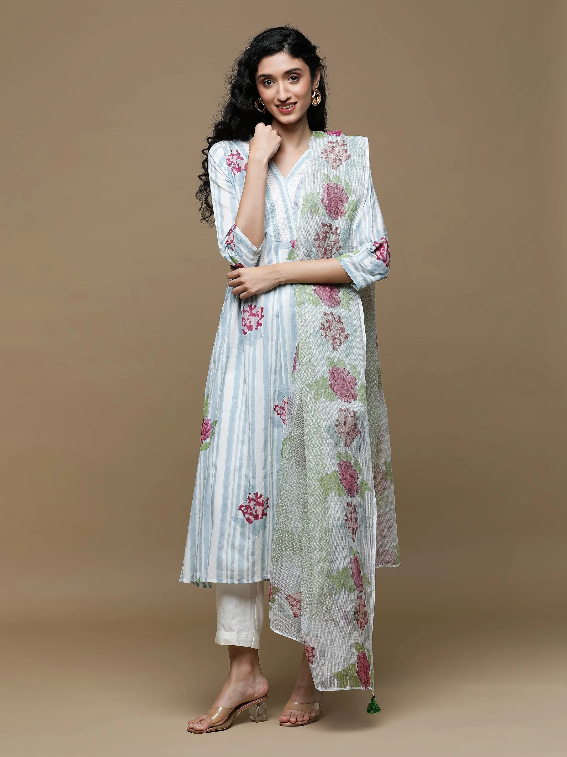 Manjari White with  Denim Blue Stripes Kurta