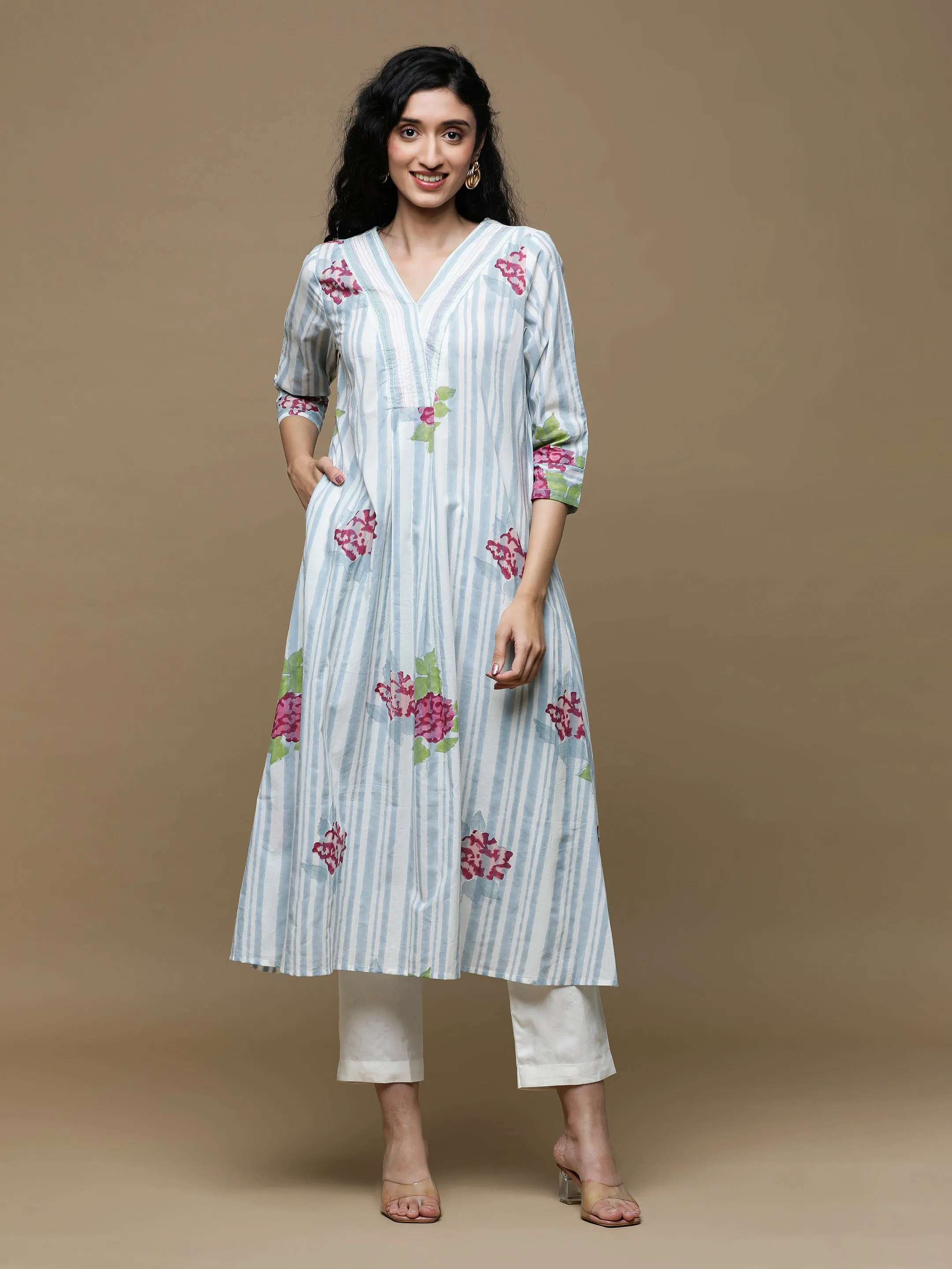 Manjari White with  Denim Blue Stripes Kurta