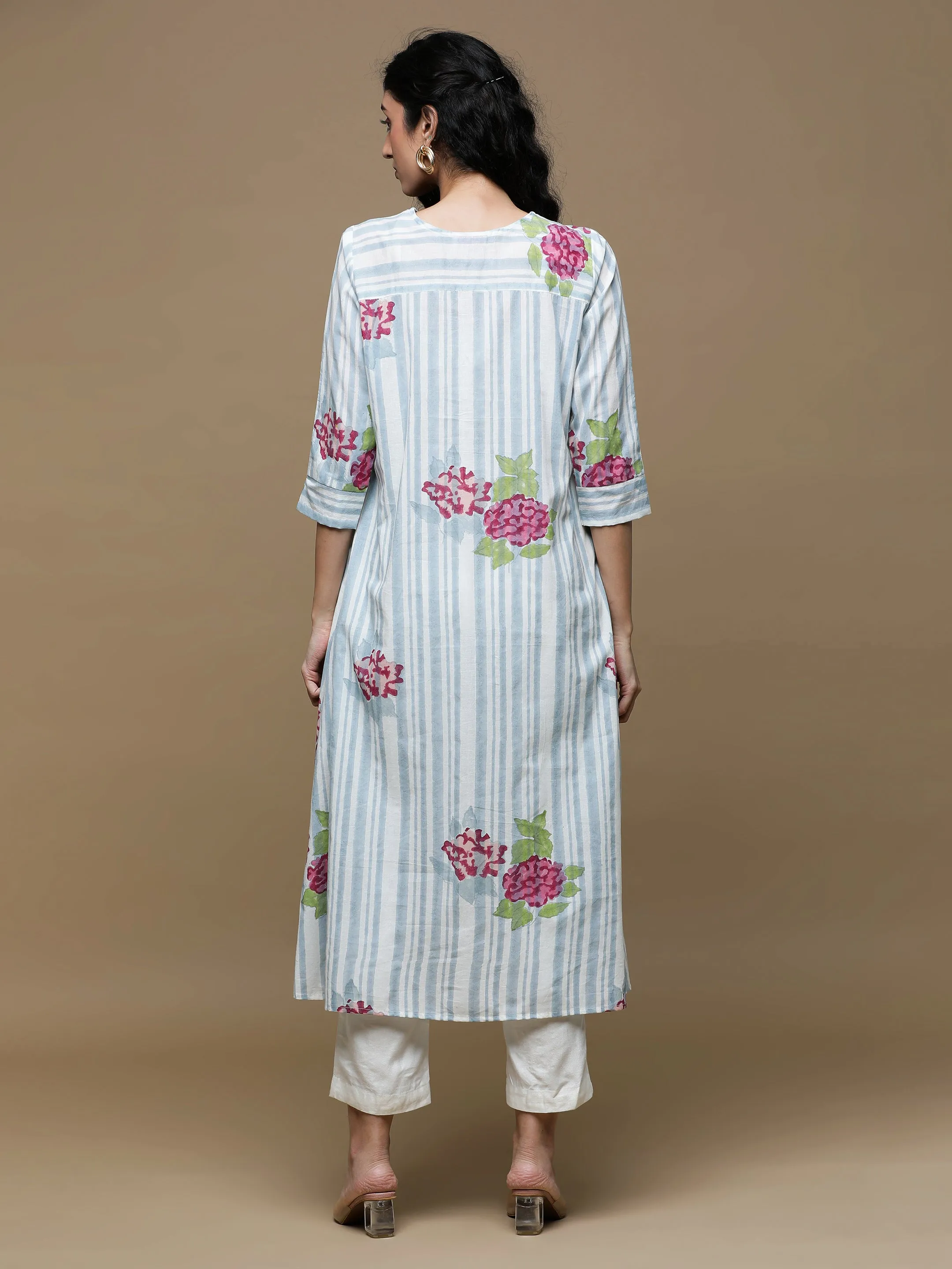 Manjari White with  Denim Blue Stripes Kurta