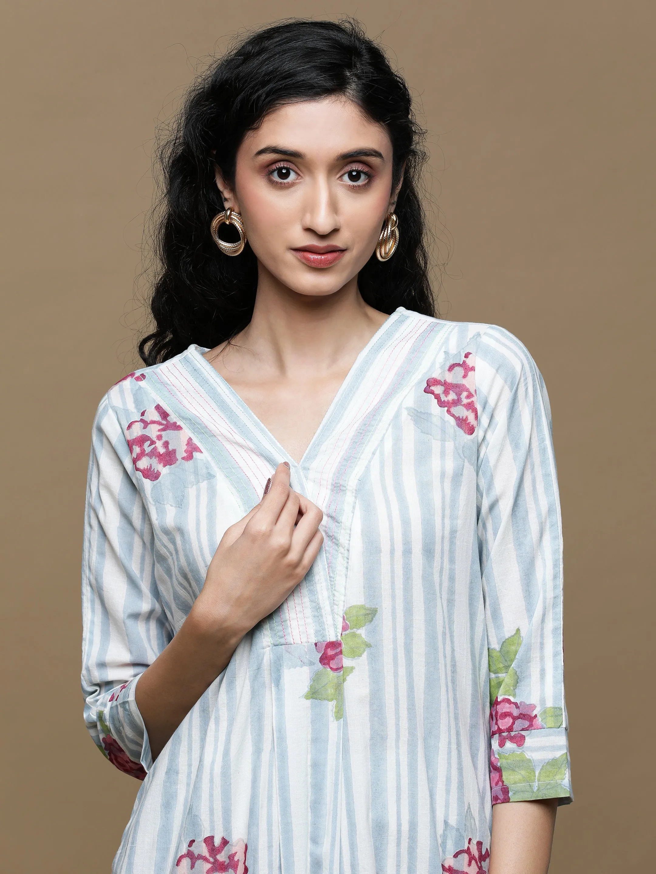Manjari White with  Denim Blue Stripes Kurta