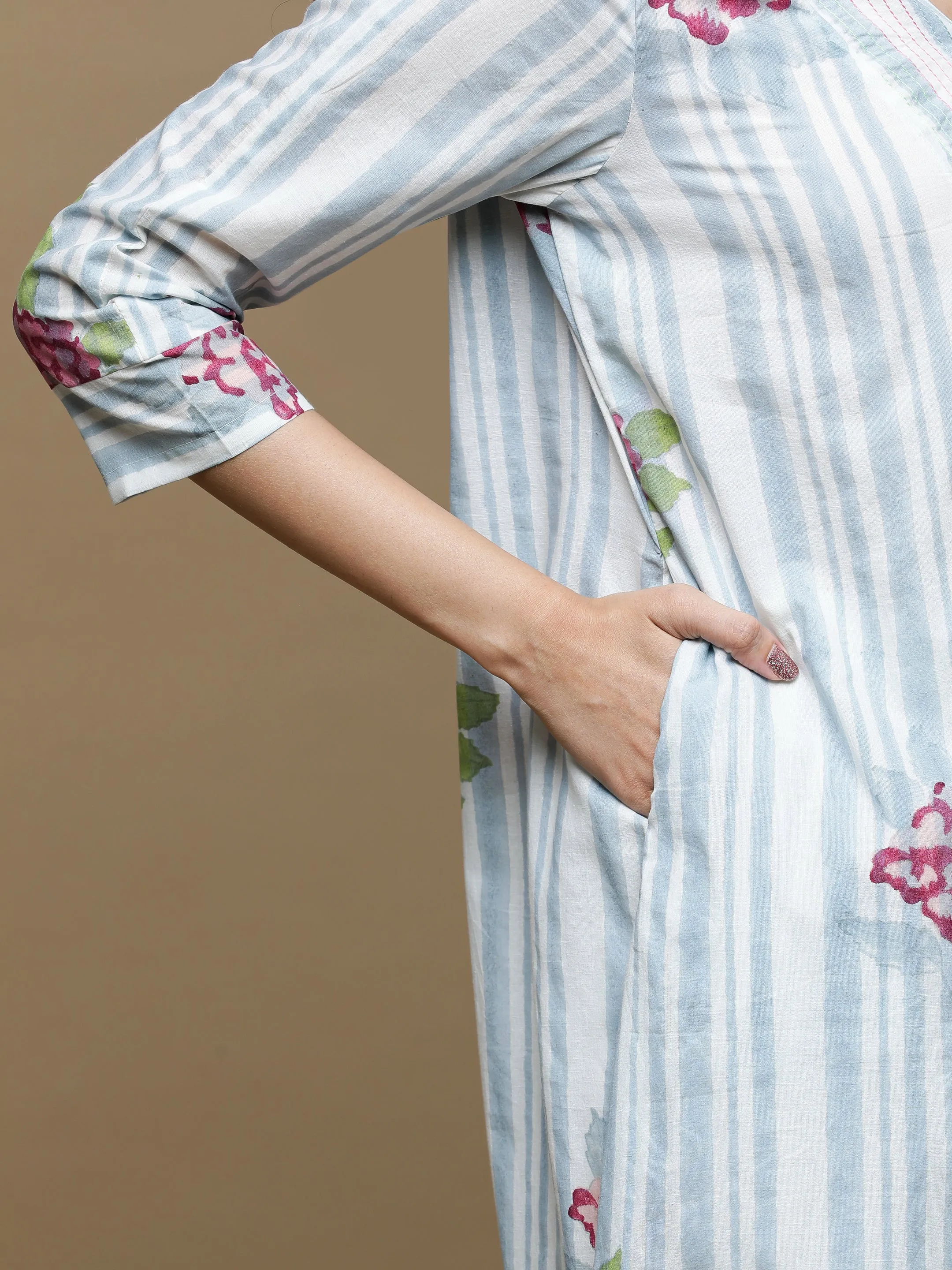 Manjari White with  Denim Blue Stripes Kurta