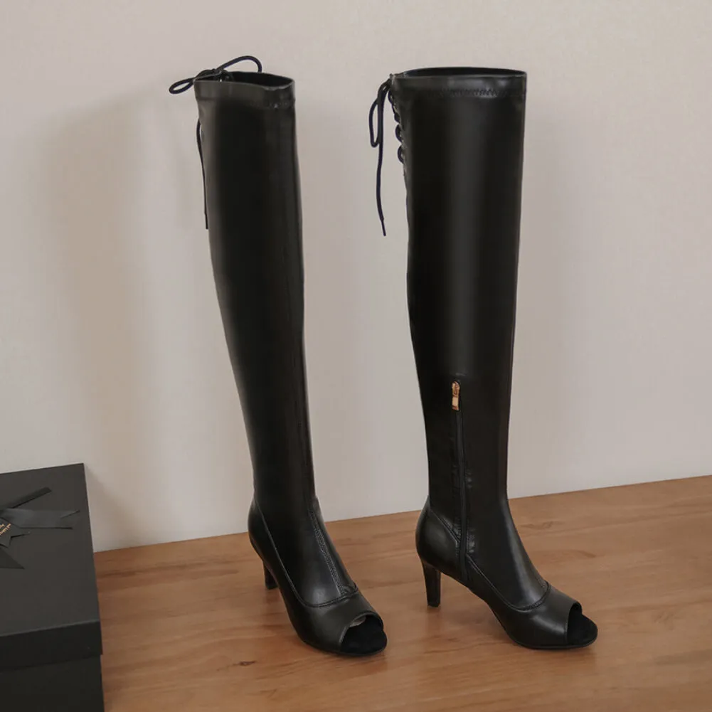Matte Black Open-Toe Over-The-Knee Boots