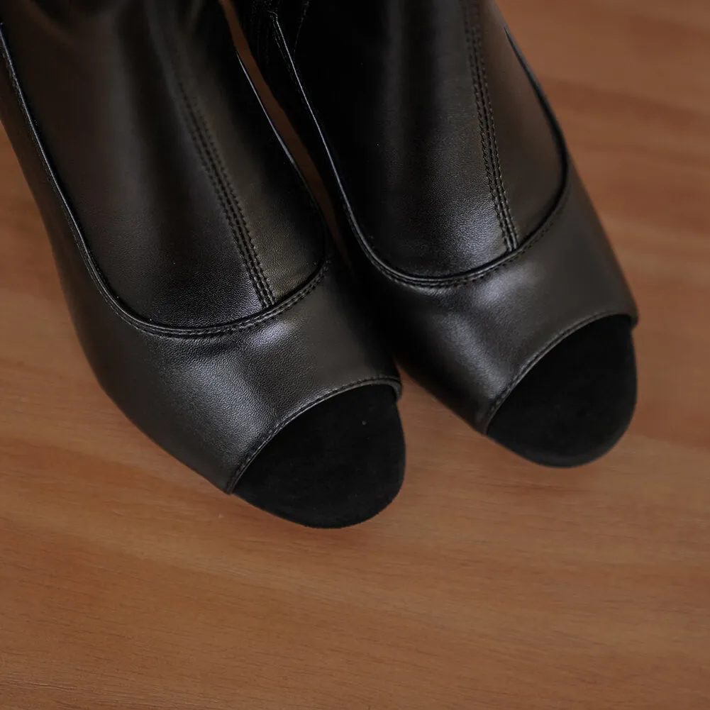 Matte Black Open-Toe Over-The-Knee Boots