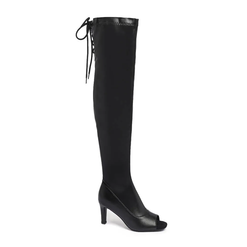 Matte Black Open-Toe Over-The-Knee Boots