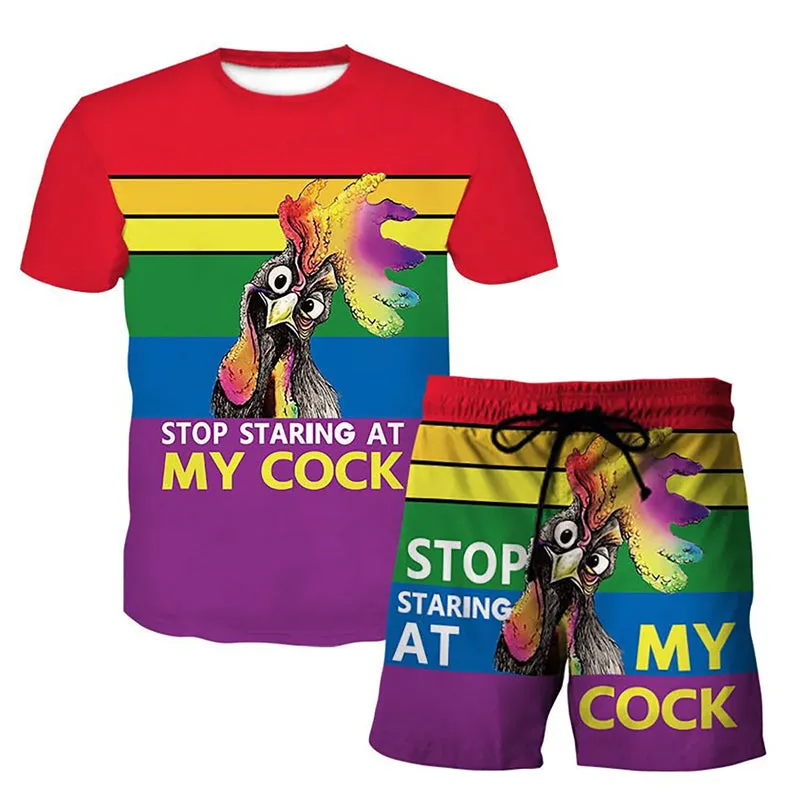 Men's 3D rooster print short-sleeved T-shirt and shorts two-piece set 2407002502