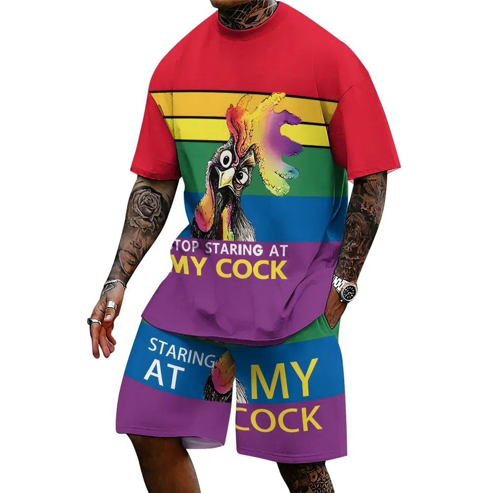 Men's 3D rooster print short-sleeved T-shirt and shorts two-piece set 2407002502