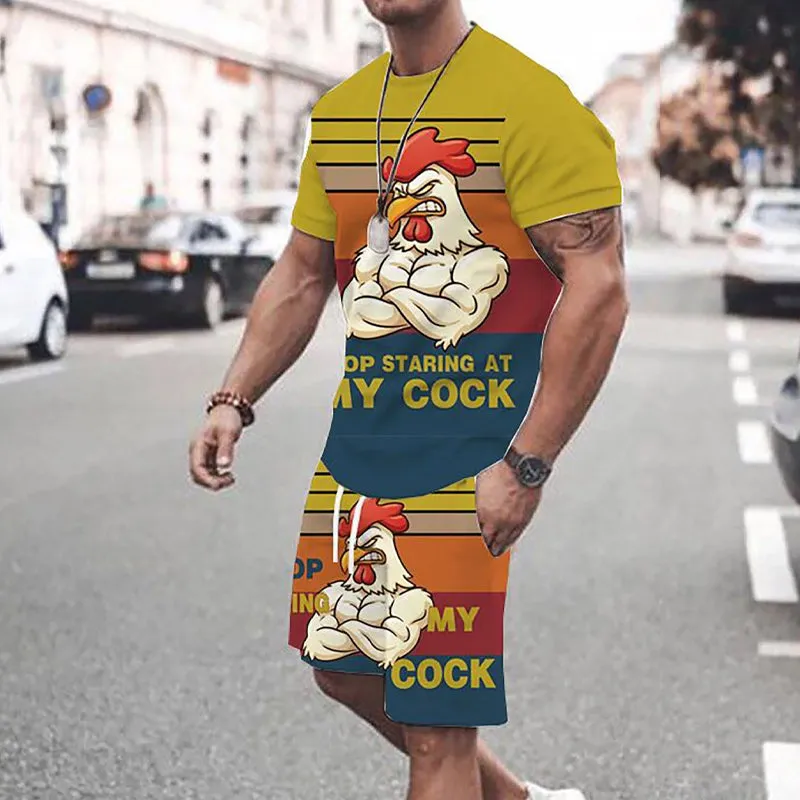 Men's 3D rooster print short-sleeved T-shirt and shorts two-piece set 2407002502