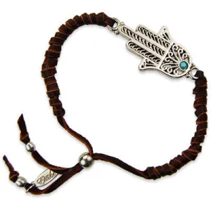 Mens Adjustable Deerskin Leather Bracelet with Hamsa Charm