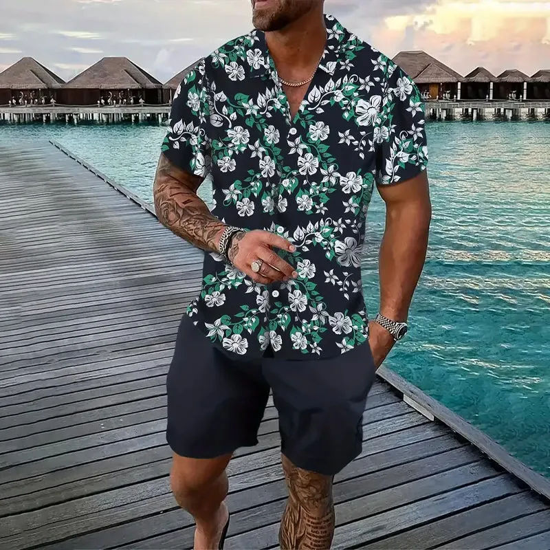 Men's Leaves Graphic Print Short Sleeve Lapel Shirt & Solid Drawstring Shorts Set