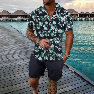 Men's Leaves Graphic Print Short Sleeve Lapel Shirt & Solid Drawstring Shorts Set