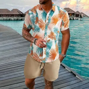 Mens Tropical Leaf Print 2Pcs Outfit Set 2409001316