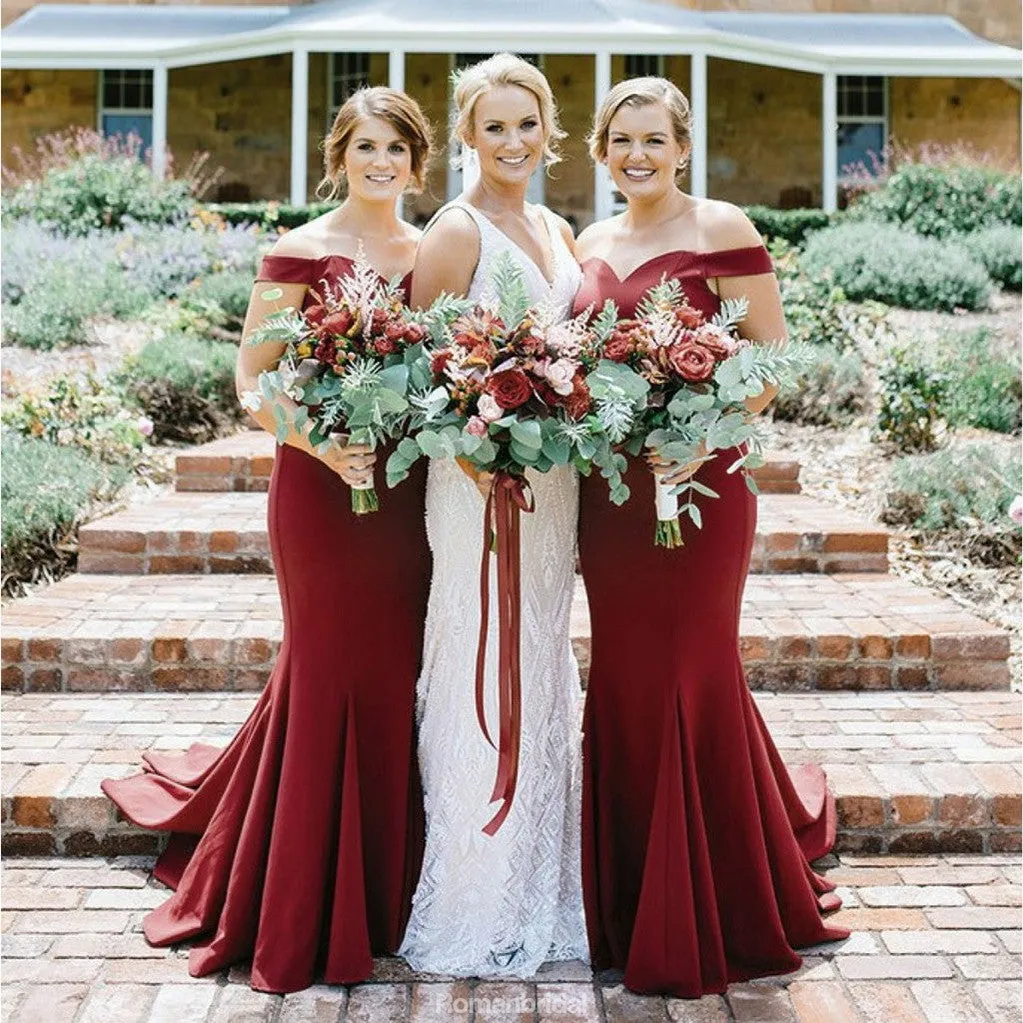 Mermaid Off Shoulder Burgundy Simple Cheap Bridesmaid Dresses With Train, BD0102
