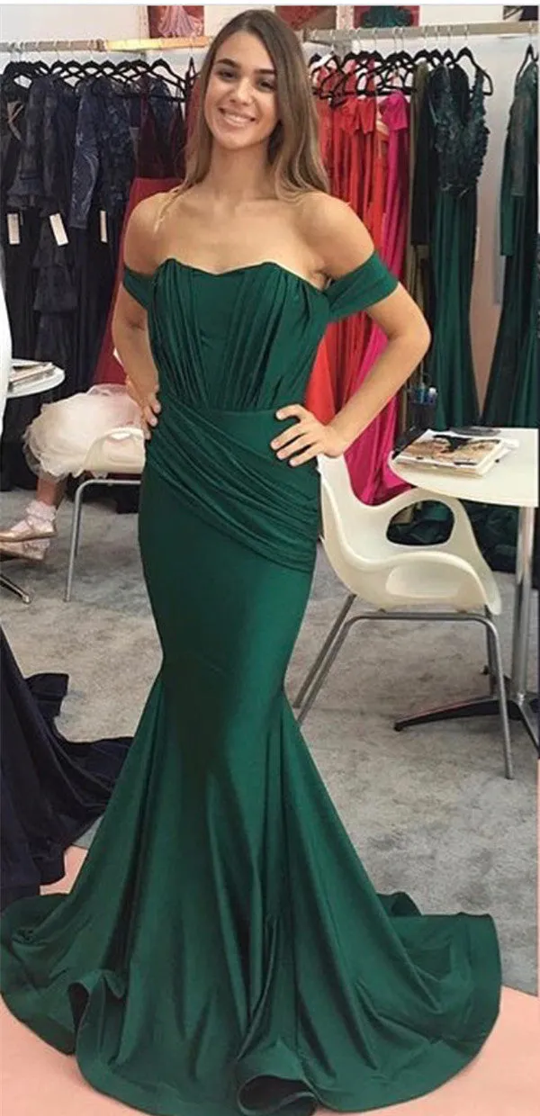 Mermaid Off-shoulder Dark Green Prom Dress With Pleats, PD0602