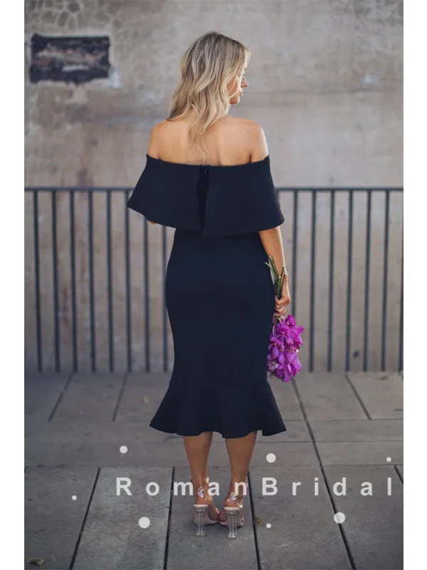 Mermaid Off The Shoulder Black Tea Length Bridesmaid Dresses With Ruffles,RBWG0001