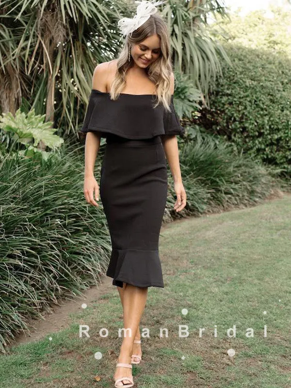 Mermaid Off The Shoulder Black Tea Length Bridesmaid Dresses With Ruffles,RBWG0001