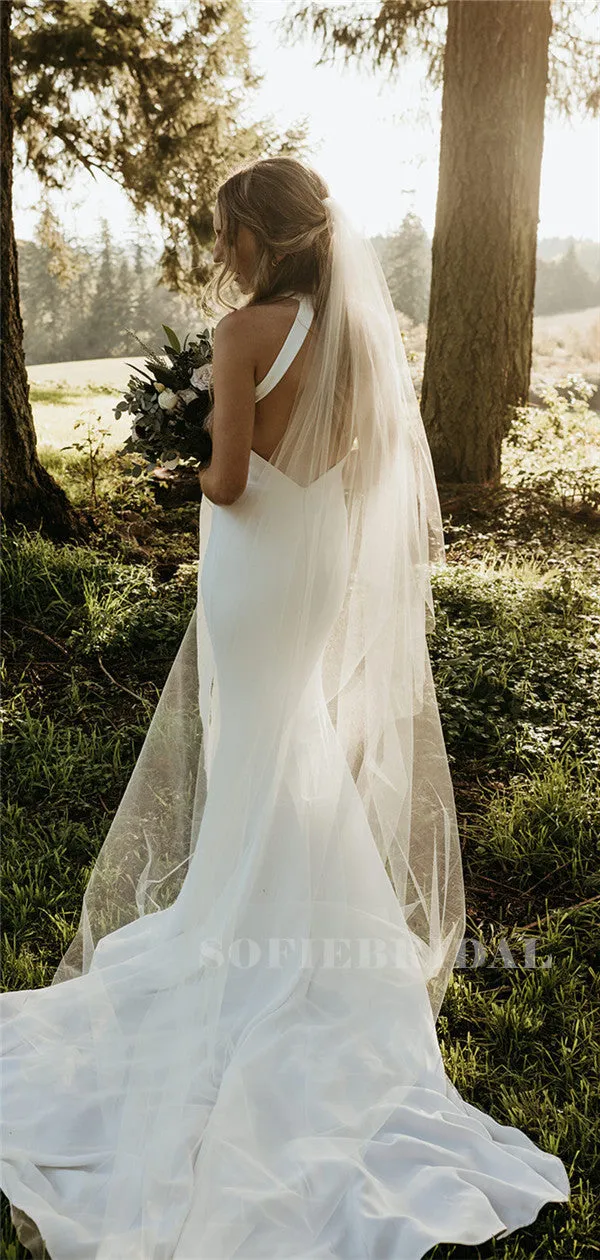 Mermaid Round-neck Sleeveless Backless Simple Wedding Dresses, WD0500