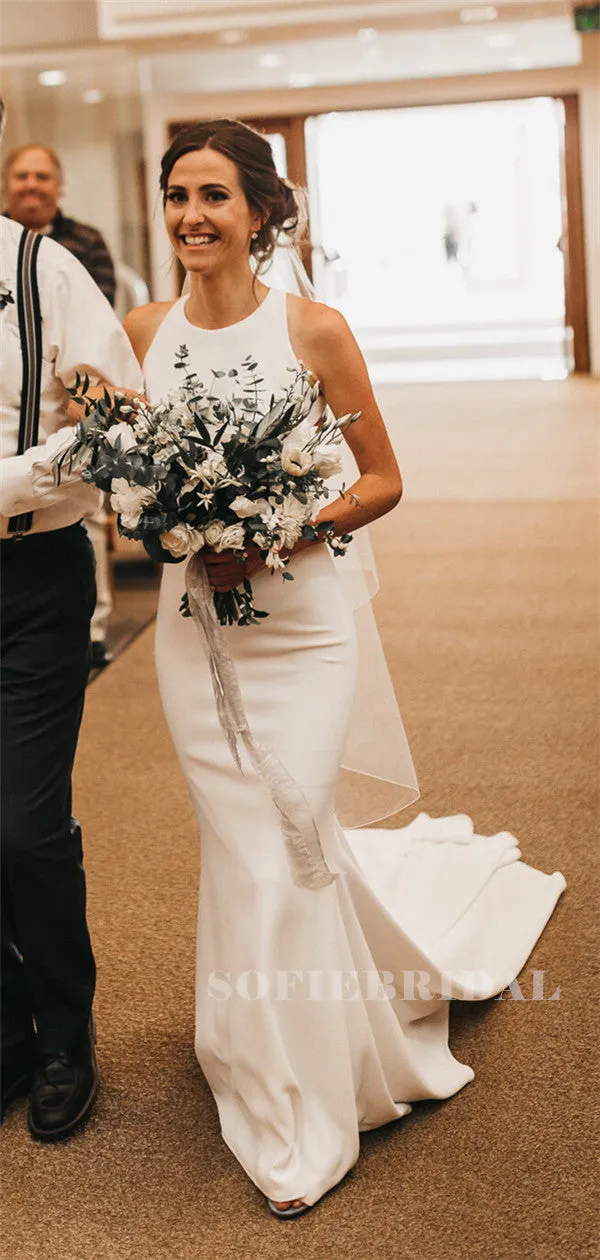 Mermaid Round-neck Sleeveless Open-back Long Wedding Dresses, WD0496