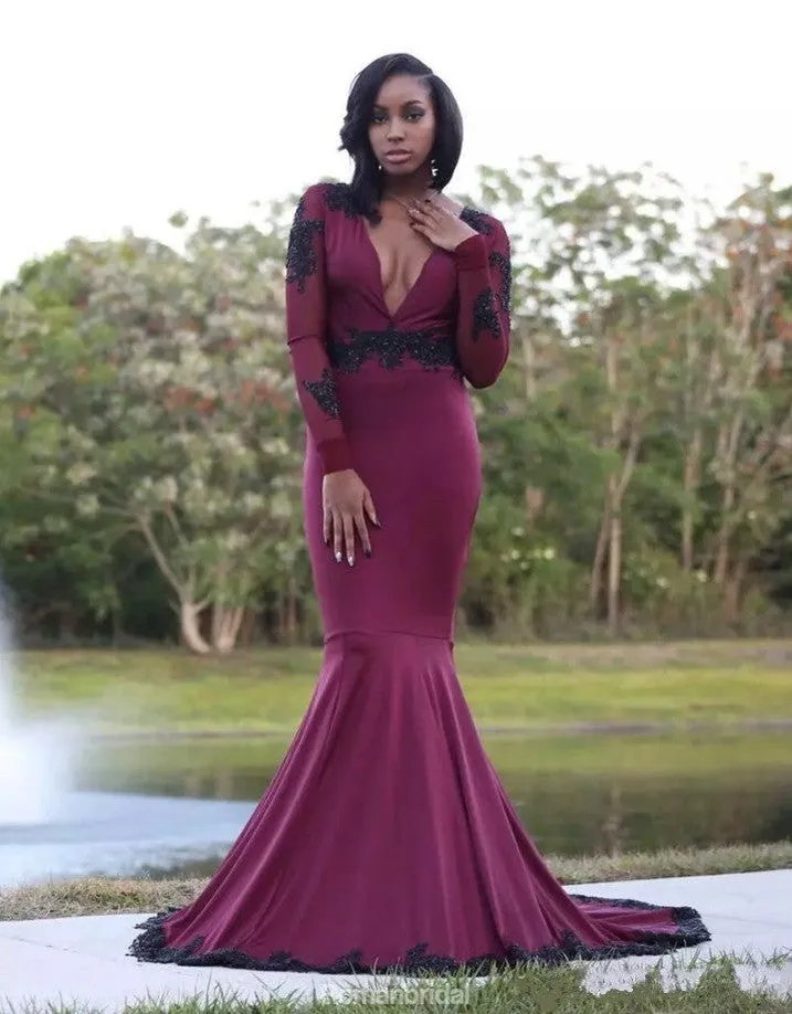 Mermaid Sexy Deep V Neck Long Sleeves Sequins Prom Dress, PD0624